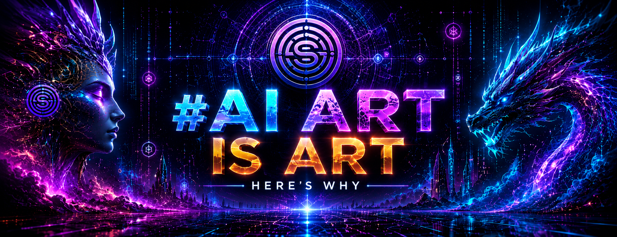 Neon cinematic image reading AI Art Is Art, flanked by a human-like figure and a digital dragon.