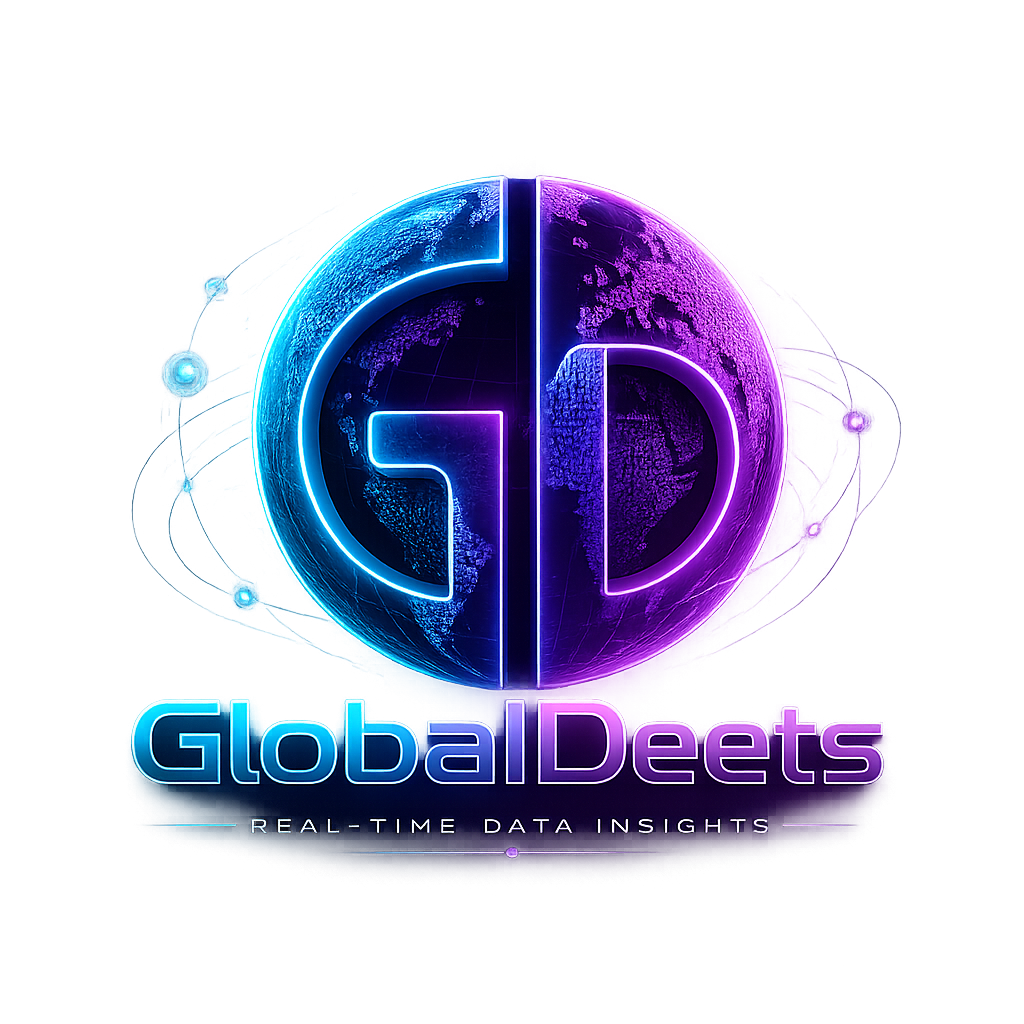 Glowing GlobalDeets globe logo on a dark background.